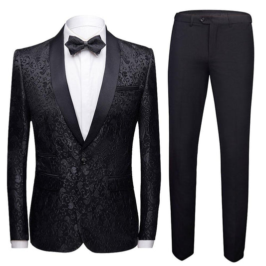 Black # Men's slim fit 2-piece paisley print suit with satin peaked lapel and center vent, black formal blazer jacket with single-breasted button closure and fully lined interior, matching flat-front trousers for wedding, prom, party and special occasions, isolated on white background.