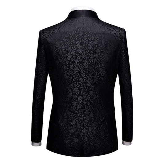 Black # Men's slim fit 2-piece paisley print suit with satin peaked lapel and center vent, black formal blazer jacket with single-breasted button closure and fully lined interior, matching flat-front trousers for wedding, prom, party and special occasions, isolated on white background.