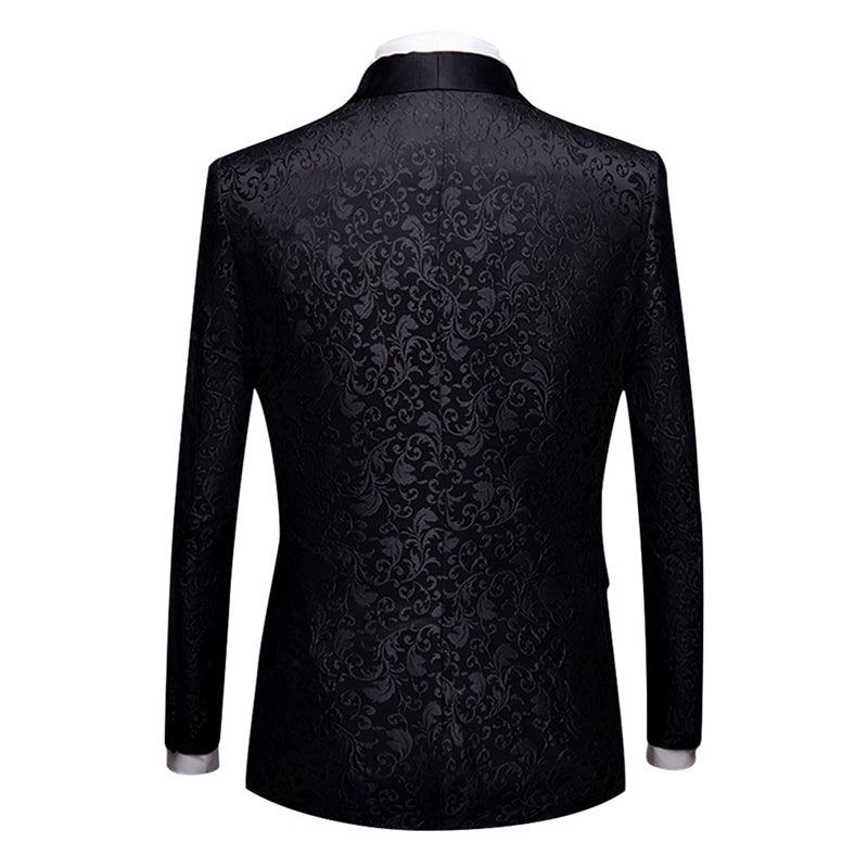 Black # Men's slim fit 2-piece paisley print suit with satin peaked lapel and center vent, black formal blazer jacket with single-breasted button closure and fully lined interior, matching flat-front trousers for wedding, prom, party and special occasions, isolated on white background.
