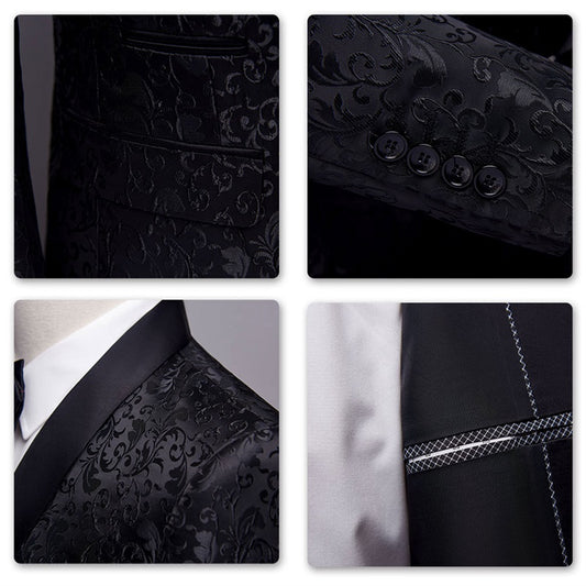 Black # Men's slim fit 2-piece paisley print suit with satin peaked lapel and center vent, black formal blazer jacket with single-breasted button closure and fully lined interior, matching flat-front trousers for wedding, prom, party and special occasions, isolated on white background.