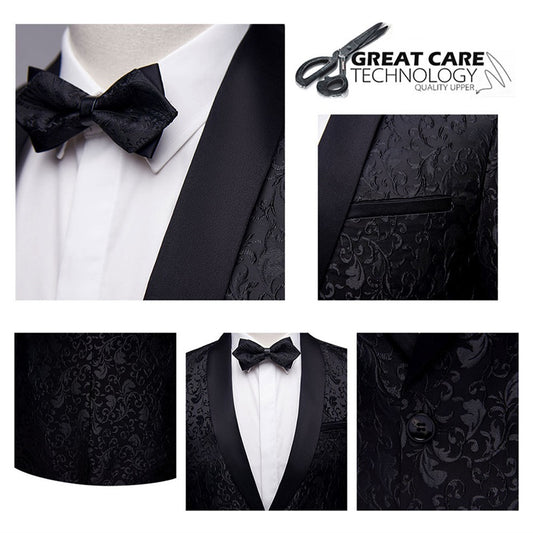Black # Men's slim fit 2-piece paisley print suit with satin peaked lapel and center vent, black formal blazer jacket with single-breasted button closure and fully lined interior, matching flat-front trousers for wedding, prom, party and special occasions, isolated on white background.