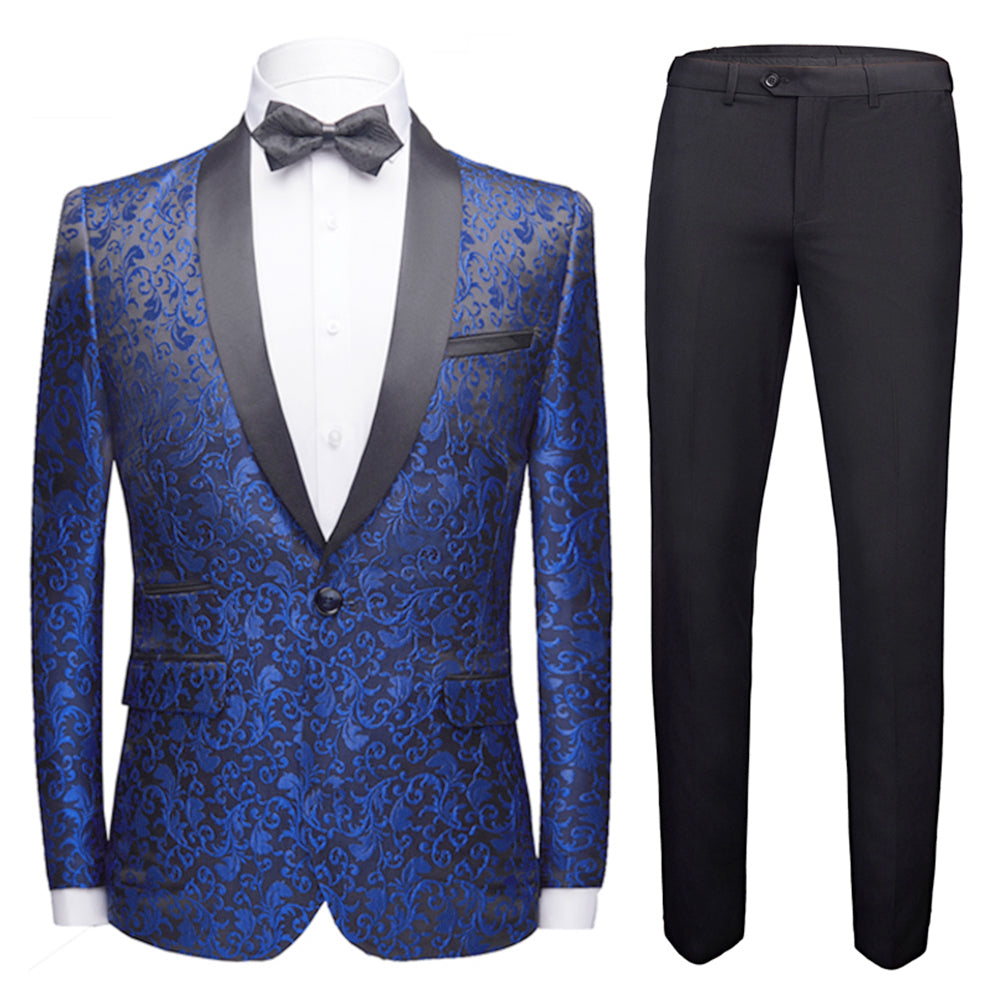 Blue # Men's slim fit 2-piece paisley print suit with satin peaked lapel and single-breasted button closure, blue patterned formal blazer jacket with center vent and fully lined interior, matching flat-front trousers for wedding, prom, party and special occasions, isolated on white background.