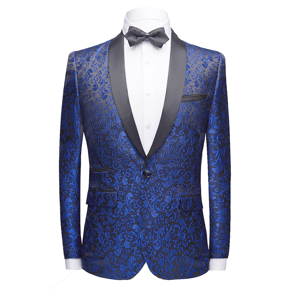 Blue # Men's slim fit 2-piece paisley print suit with satin peaked lapel and single-breasted button closure, blue patterned formal blazer jacket with center vent and fully lined interior, matching flat-front trousers for wedding, prom, party and special occasions, isolated on white background.