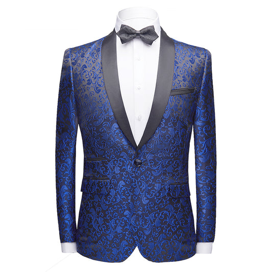 Blue # Men's slim fit 2-piece paisley print suit with satin peaked lapel and single-breasted button closure, blue patterned formal blazer jacket with center vent and fully lined interior, matching flat-front trousers for wedding, prom, party and special occasions, isolated on white background.