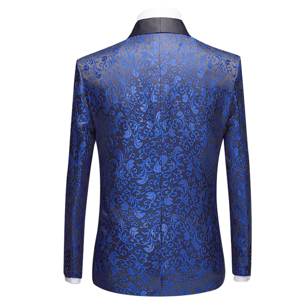 Blue # Men's slim fit 2-piece paisley print suit with satin peaked lapel and single-breasted button closure, blue patterned formal blazer jacket with center vent and fully lined interior, matching flat-front trousers for wedding, prom, party and special occasions, isolated on white background.