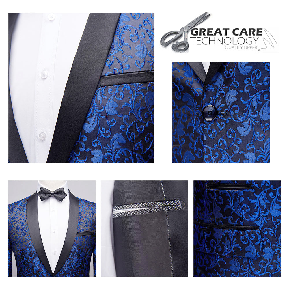 Blue # Men's slim fit 2-piece paisley print suit with satin peaked lapel and single-breasted button closure, blue patterned formal blazer jacket with center vent and fully lined interior, matching flat-front trousers for wedding, prom, party and special occasions, isolated on white background.