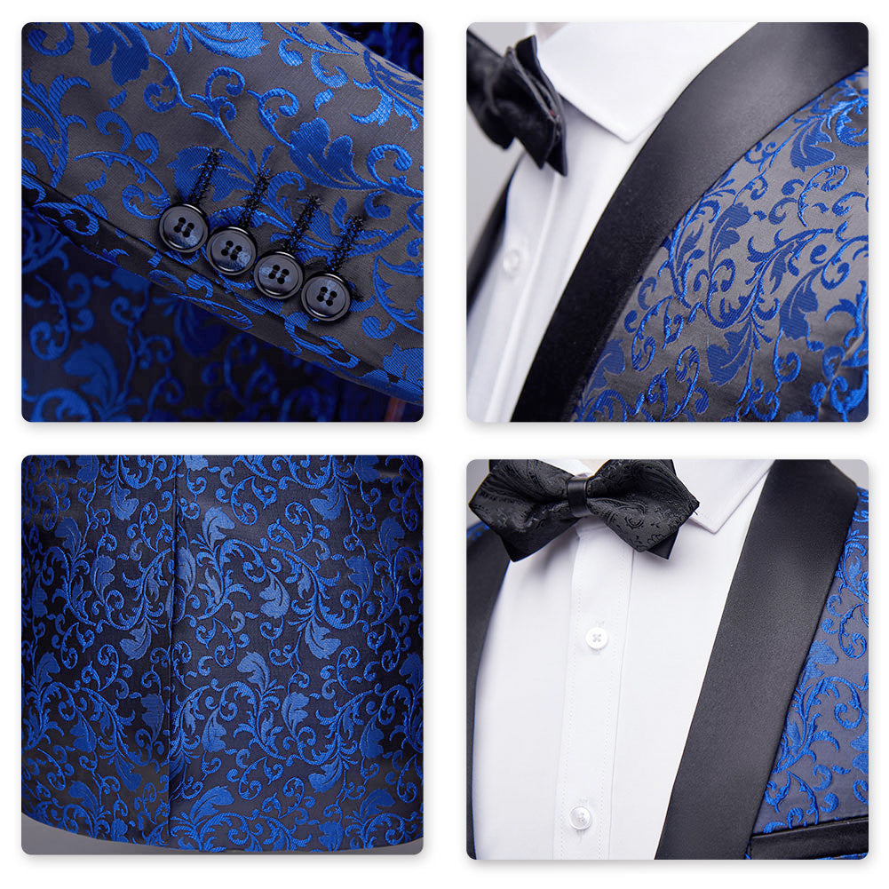 Blue # Men's slim fit 2-piece paisley print suit with satin peaked lapel and single-breasted button closure, blue patterned formal blazer jacket with center vent and fully lined interior, matching flat-front trousers for wedding, prom, party and special occasions, isolated on white background.