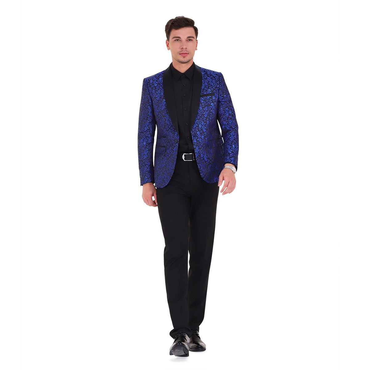Blue # Men's slim fit 2-piece paisley print suit with satin peaked lapel and single-breasted button closure, blue patterned formal blazer jacket with center vent and fully lined interior, matching flat-front trousers for wedding, prom, party and special occasions, isolated on white background.
