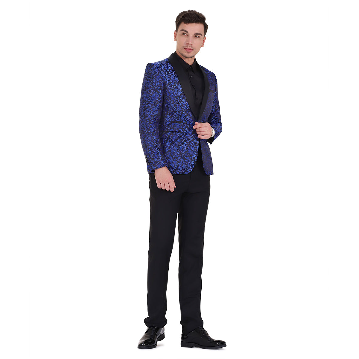 Blue # Men's slim fit 2-piece paisley print suit with satin peaked lapel and single-breasted button closure, blue patterned formal blazer jacket with center vent and fully lined interior, matching flat-front trousers for wedding, prom, party and special occasions, isolated on white background.