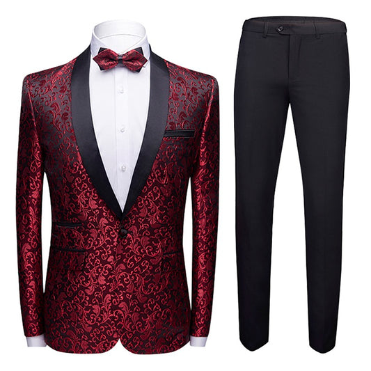 Maroon # Men's slim fit 2-piece paisley print suit with satin peaked lapel and single-breasted button closure, maroon patterned formal blazer jacket with center back vent and fully lined interior, matching flat-front trousers for wedding, prom, party and formal occasions, isolated on white background.