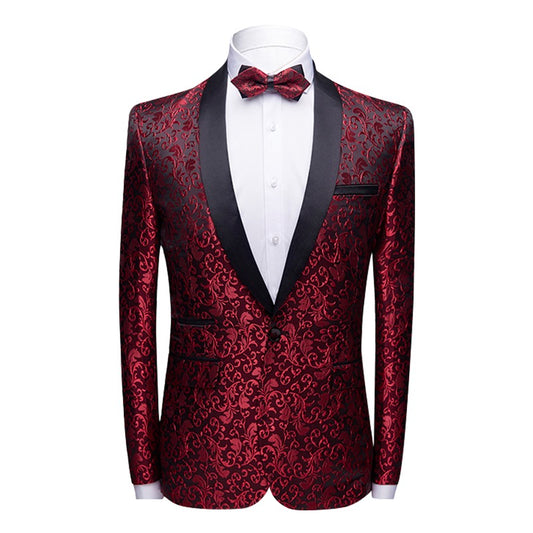 Maroon # Men's slim fit 2-piece paisley print suit with satin peaked lapel and single-breasted button closure, maroon patterned formal blazer jacket with center back vent and fully lined interior, matching flat-front trousers for wedding, prom, party and formal occasions, isolated on white background.