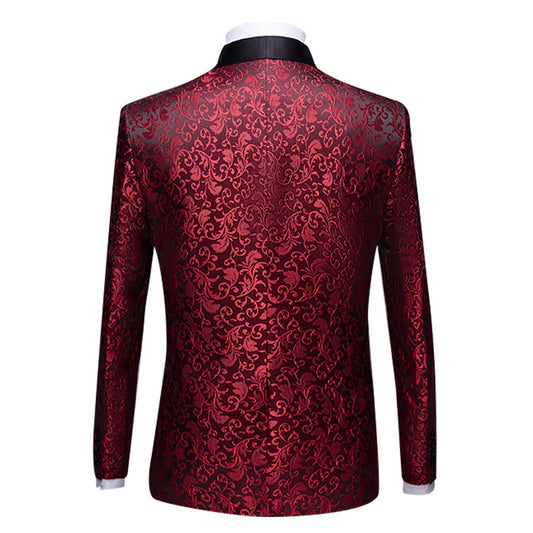 Maroon # Men's slim fit 2-piece paisley print suit with satin peaked lapel and single-breasted button closure, maroon patterned formal blazer jacket with center back vent and fully lined interior, matching flat-front trousers for wedding, prom, party and formal occasions, isolated on white background.