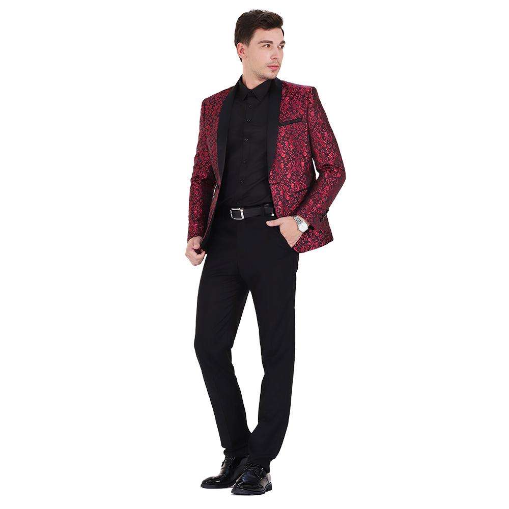 Maroon # Men's slim fit 2-piece paisley print suit with satin peaked lapel and single-breasted button closure, maroon patterned formal blazer jacket with center back vent and fully lined interior, matching flat-front trousers for wedding, prom, party and formal occasions, isolated on white background.