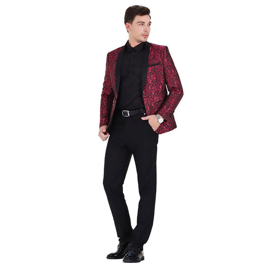Maroon # Men's slim fit 2-piece paisley print suit with satin peaked lapel and single-breasted button closure, maroon patterned formal blazer jacket with center back vent and fully lined interior, matching flat-front trousers for wedding, prom, party and formal occasions, isolated on white background.