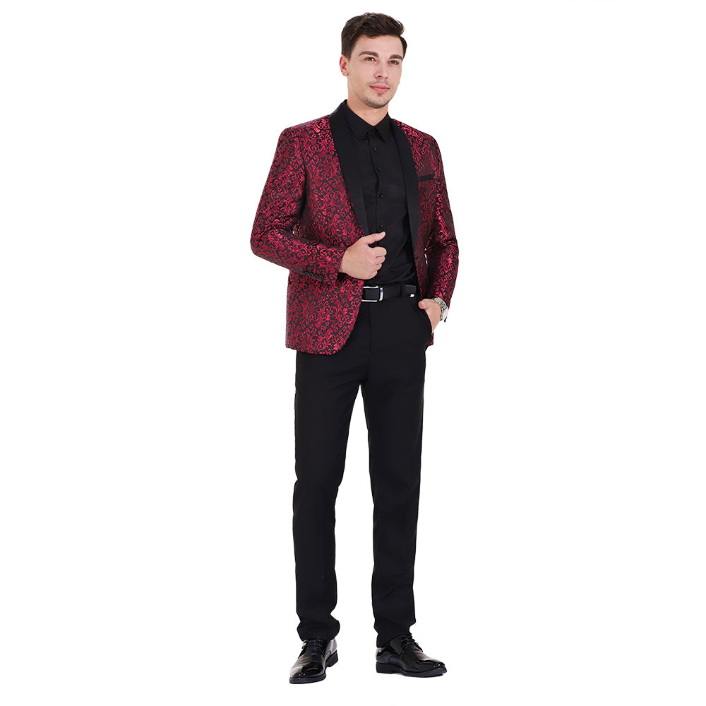 Maroon # Men's slim fit 2-piece paisley print suit with satin peaked lapel and single-breasted button closure, maroon patterned formal blazer jacket with center back vent and fully lined interior, matching flat-front trousers for wedding, prom, party and formal occasions, isolated on white background.