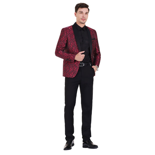 Maroon # Men's slim fit 2-piece paisley print suit with satin peaked lapel and single-breasted button closure, maroon patterned formal blazer jacket with center back vent and fully lined interior, matching flat-front trousers for wedding, prom, party and formal occasions, isolated on white background.
