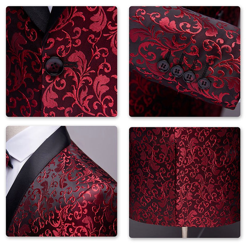 Maroon # Men's slim fit 2-piece paisley print suit with satin peaked lapel and single-breasted button closure, maroon patterned formal blazer jacket with center back vent and fully lined interior, matching flat-front trousers for wedding, prom, party and formal occasions, isolated on white background.
