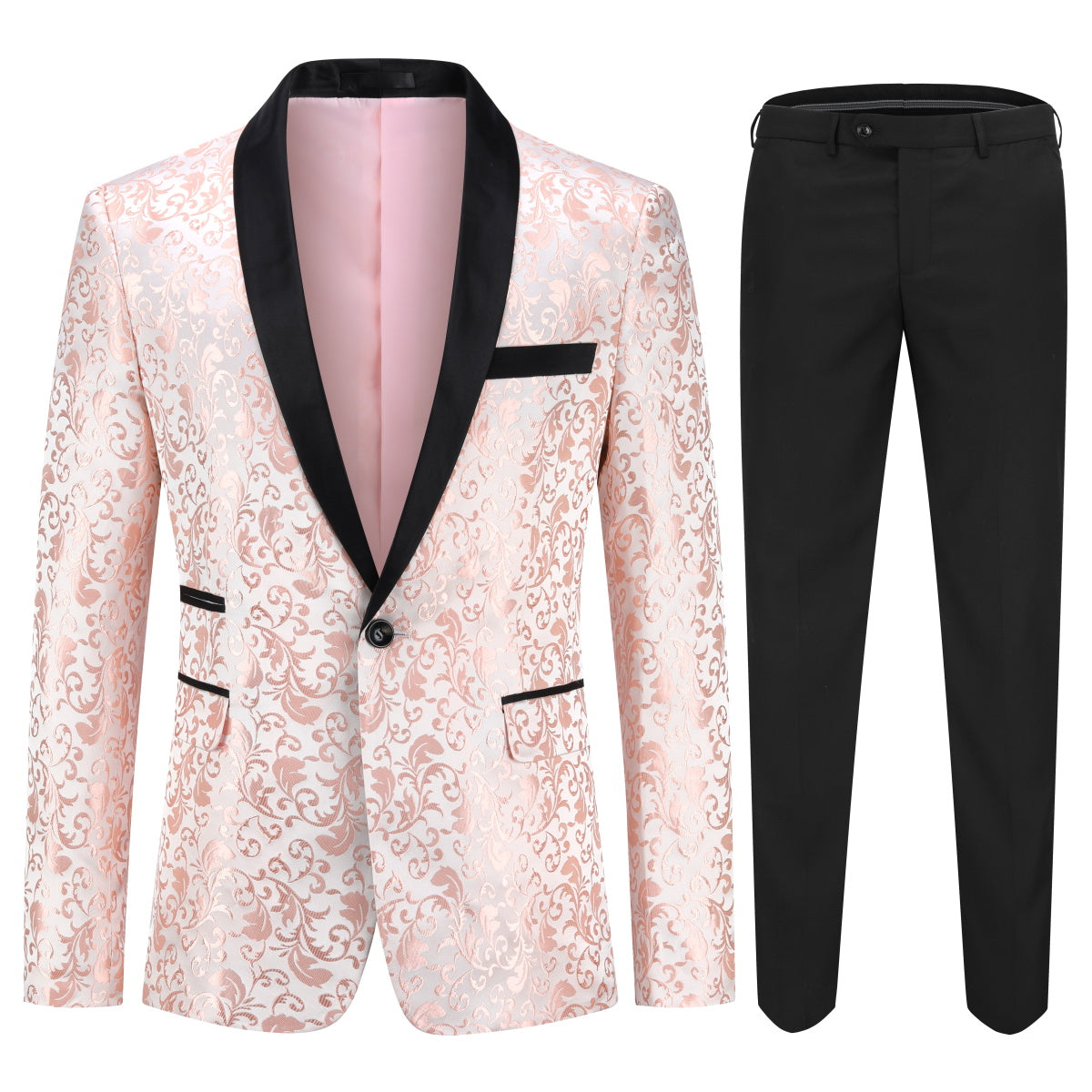 Pink # Men's slim fit 2-piece paisley print suit with satin peaked lapel and single-breasted closure, pink patterned formal blazer jacket with center back vent and fully lined interior, matching flat-front trousers for wedding, prom, party and special occasions, isolated on white background.