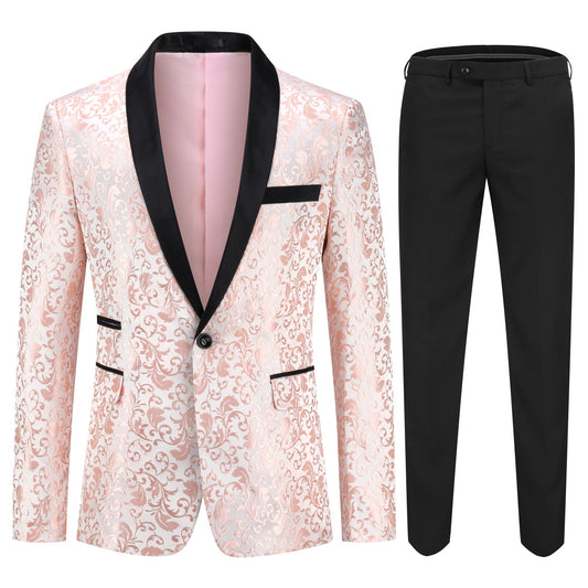 Pink # Men's slim fit 2-piece paisley print suit with satin peaked lapel and single-breasted closure, pink patterned formal blazer jacket with center back vent and fully lined interior, matching flat-front trousers for wedding, prom, party and special occasions, isolated on white background.