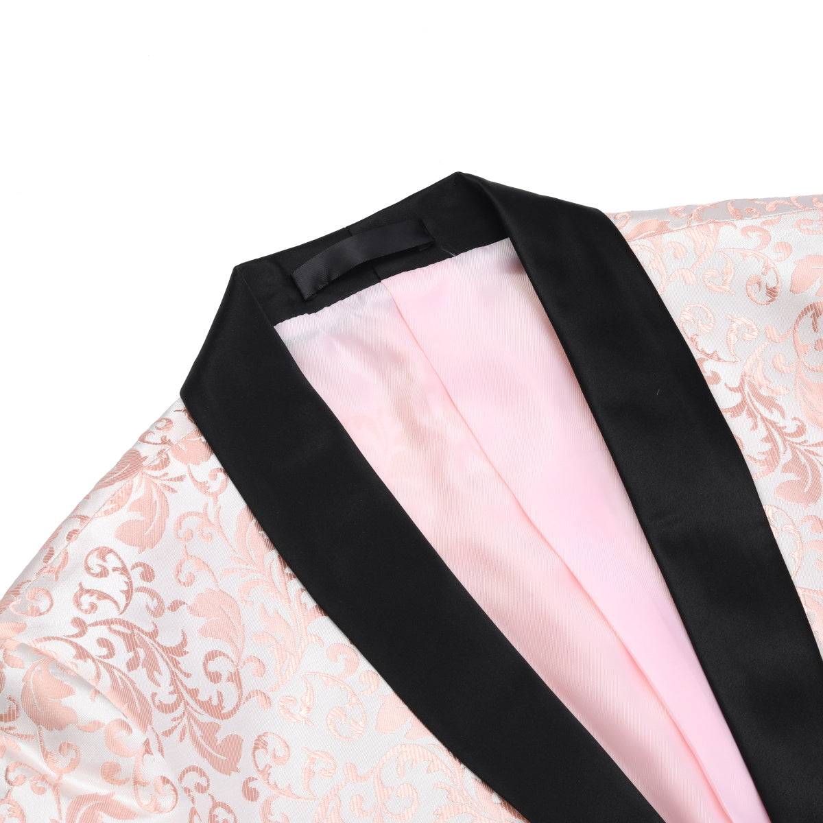 Pink # Men's slim fit 2-piece paisley print suit with satin peaked lapel and single-breasted closure, pink patterned formal blazer jacket with center back vent and fully lined interior, matching flat-front trousers for wedding, prom, party and special occasions, isolated on white background.