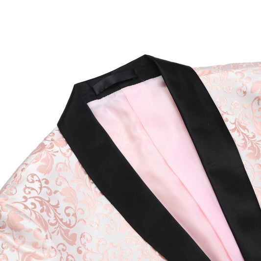 Pink # Men's slim fit 2-piece paisley print suit with satin peaked lapel and single-breasted closure, pink patterned formal blazer jacket with center back vent and fully lined interior, matching flat-front trousers for wedding, prom, party and special occasions, isolated on white background.