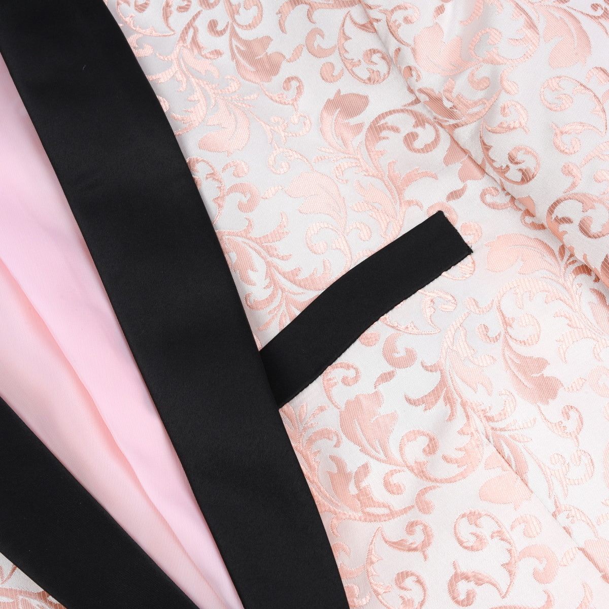 Pink # Men's slim fit 2-piece paisley print suit with satin peaked lapel and single-breasted closure, pink patterned formal blazer jacket with center back vent and fully lined interior, matching flat-front trousers for wedding, prom, party and special occasions, isolated on white background.