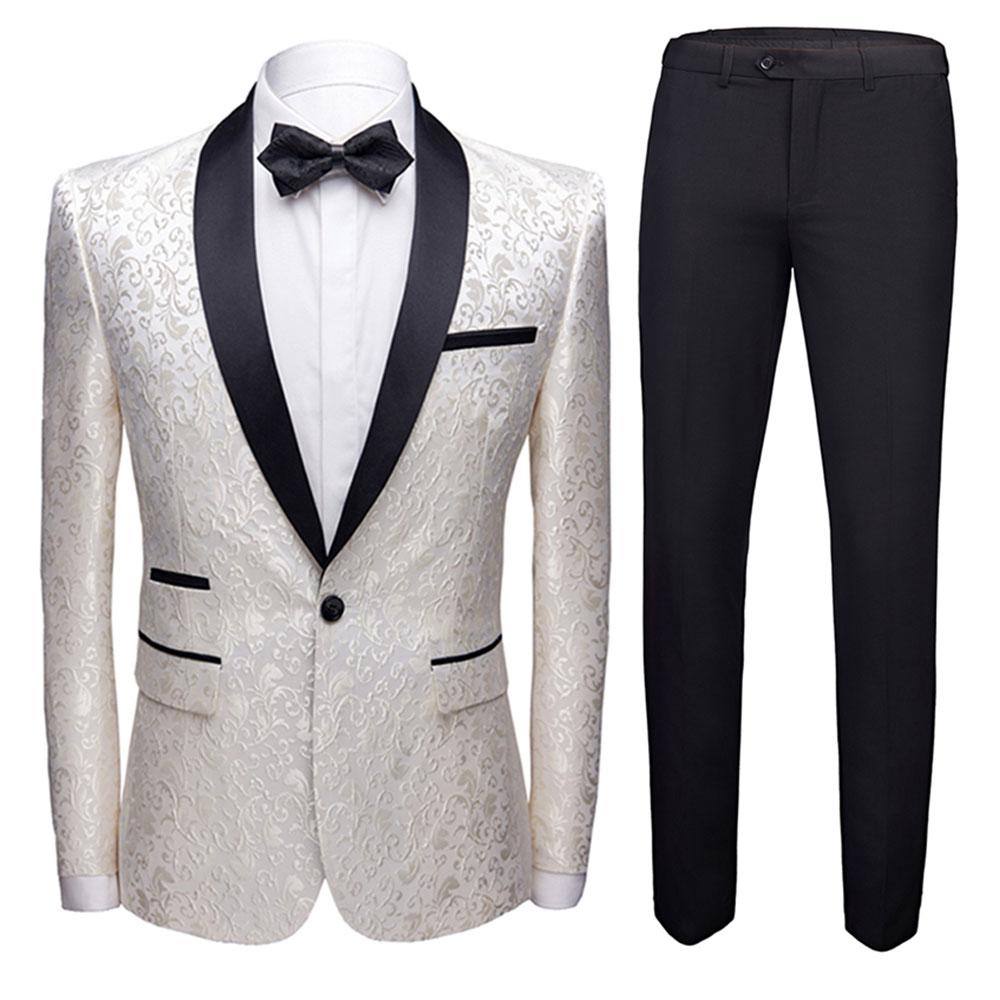 White # Men's slim fit 2-piece paisley print suit with satin peaked lapel and single-breasted button closure, white patterned formal blazer jacket with center back vent and fully lined interior, matching flat-front trousers for wedding, prom, party and special occasions, isolated on white background.