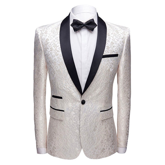White # Men's slim fit 2-piece paisley print suit with satin peaked lapel and single-breasted button closure, white patterned formal blazer jacket with center back vent and fully lined interior, matching flat-front trousers for wedding, prom, party and special occasions, isolated on white background.