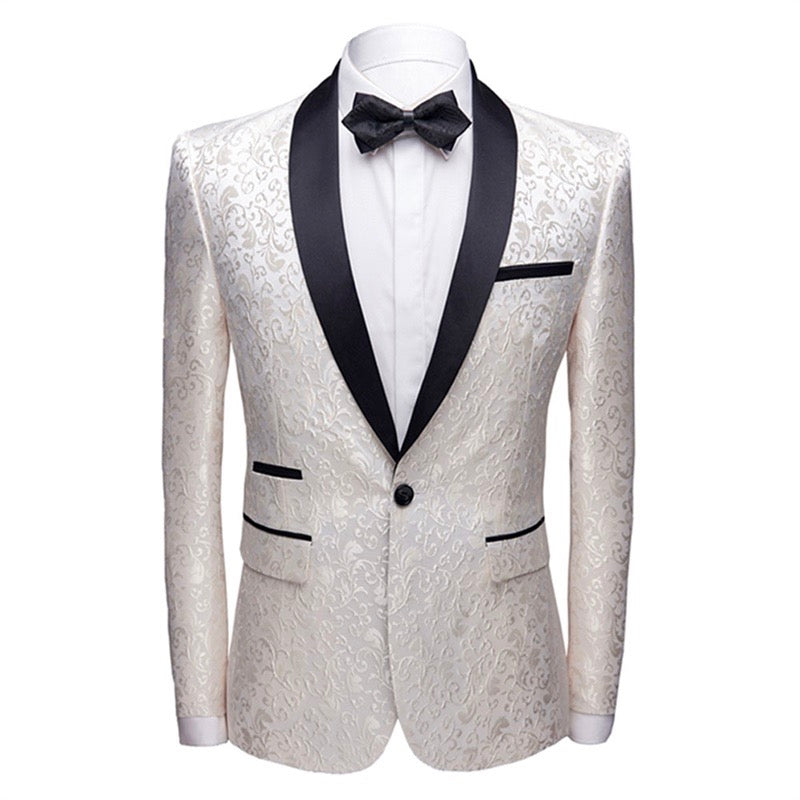 White # Men's slim fit 2-piece paisley print suit with satin peaked lapel and single-breasted button closure, white patterned formal blazer jacket with center back vent and fully lined interior, matching flat-front trousers for wedding, prom, party and special occasions, isolated on white background.