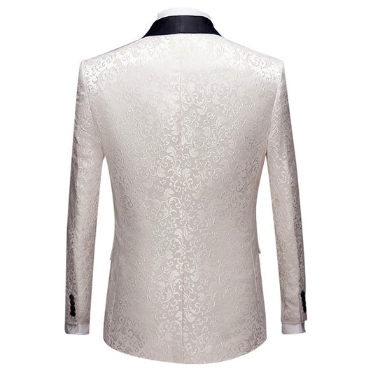 White # Men's slim fit 2-piece paisley print suit with satin peaked lapel and single-breasted button closure, white patterned formal blazer jacket with center back vent and fully lined interior, matching flat-front trousers for wedding, prom, party and special occasions, isolated on white background.