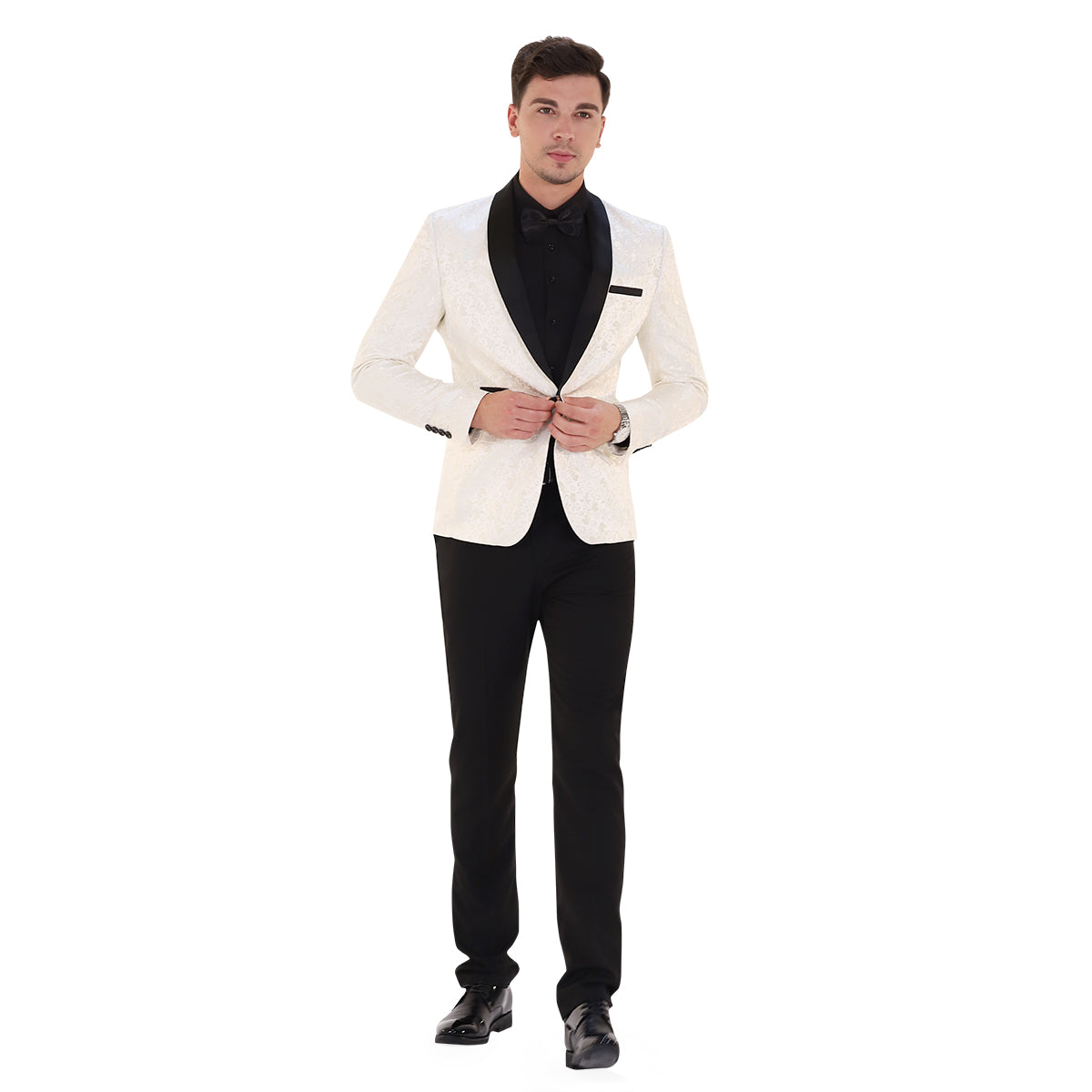 White # Men's slim fit 2-piece paisley print suit with satin peaked lapel and single-breasted button closure, white patterned formal blazer jacket with center back vent and fully lined interior, matching flat-front trousers for wedding, prom, party and special occasions, isolated on white background.