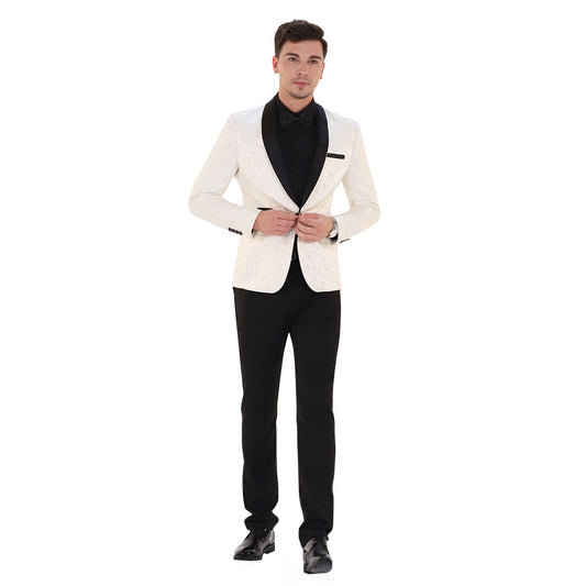 White # Men's slim fit 2-piece paisley print suit with satin peaked lapel and single-breasted button closure, white patterned formal blazer jacket with center back vent and fully lined interior, matching flat-front trousers for wedding, prom, party and special occasions, isolated on white background.