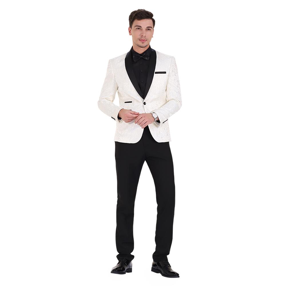 White # Men's slim fit 2-piece paisley print suit with satin peaked lapel and single-breasted button closure, white patterned formal blazer jacket with center back vent and fully lined interior, matching flat-front trousers for wedding, prom, party and special occasions, isolated on white background.