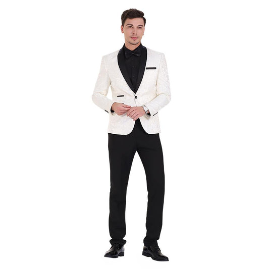 White # Men's slim fit 2-piece paisley print suit with satin peaked lapel and single-breasted button closure, white patterned formal blazer jacket with center back vent and fully lined interior, matching flat-front trousers for wedding, prom, party and special occasions, isolated on white background.