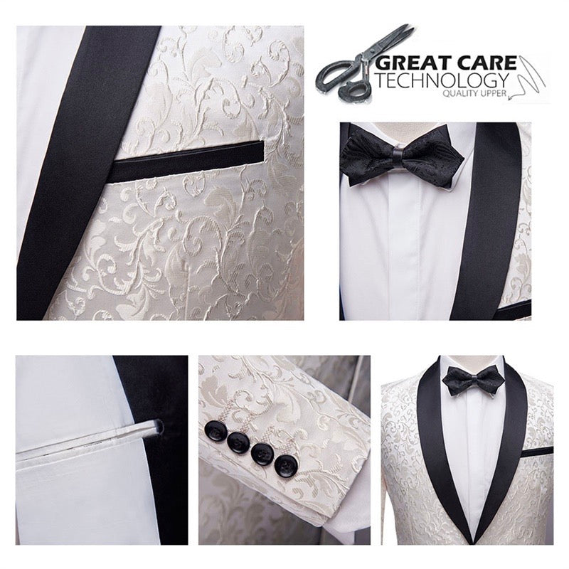 White # Men's slim fit 2-piece paisley print suit with satin peaked lapel and single-breasted button closure, white patterned formal blazer jacket with center back vent and fully lined interior, matching flat-front trousers for wedding, prom, party and special occasions, isolated on white background.