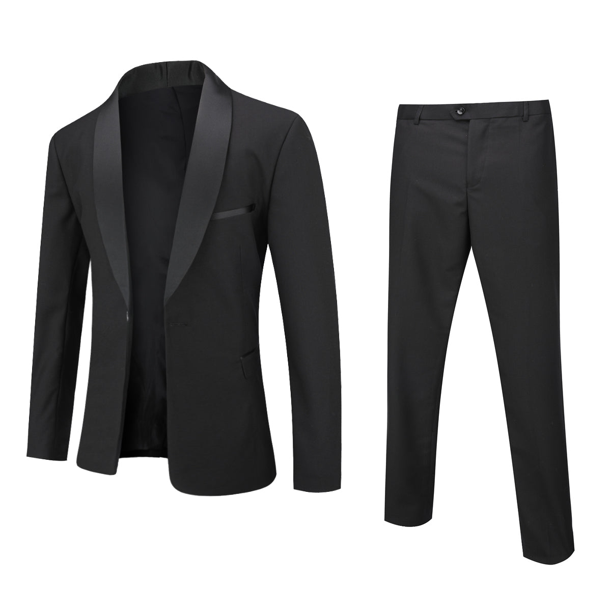 Black # Men's slim fit 2-piece casual suit with one-button shawl lapel and single-breasted closure, solid black blazer jacket with four-button cuffs and matching flat-front trousers, lightweight polyester formal wear for party, prom, wedding, dinner and daily occasions, isolated on white background.