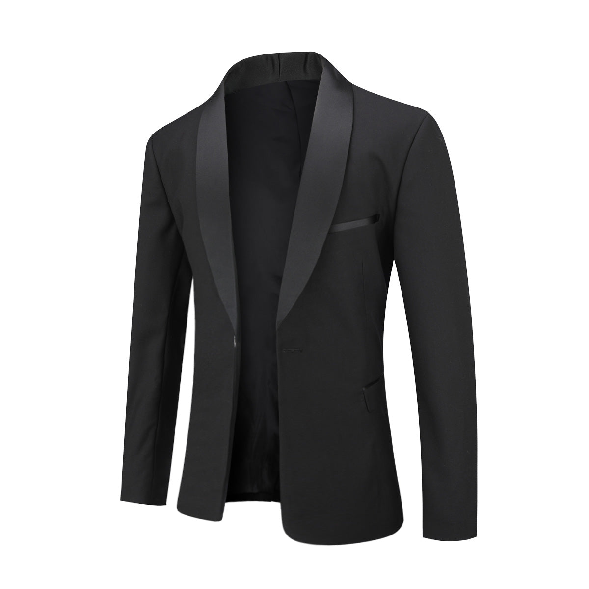 Black # Men's slim fit 2-piece casual suit with one-button shawl lapel and single-breasted closure, solid black blazer jacket with four-button cuffs and matching flat-front trousers, lightweight polyester formal wear for party, prom, wedding, dinner and daily occasions, isolated on white background.