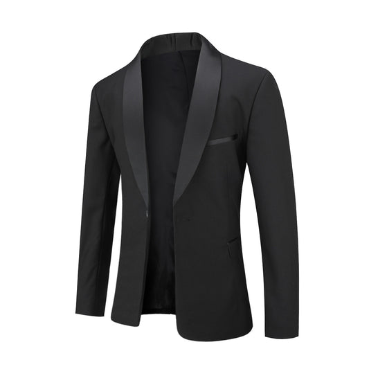 Black # Men's slim fit 2-piece casual suit with one-button shawl lapel and single-breasted closure, solid black blazer jacket with four-button cuffs and matching flat-front trousers, lightweight polyester formal wear for party, prom, wedding, dinner and daily occasions, isolated on white background.