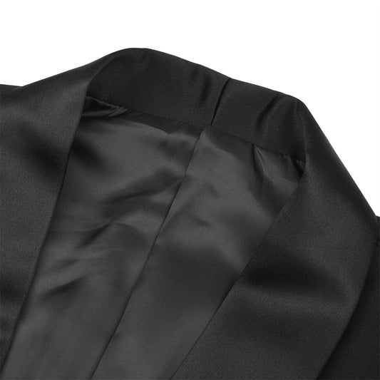 Black # Men's slim fit 2-piece casual suit with one-button shawl lapel and single-breasted closure, solid black blazer jacket with four-button cuffs and matching flat-front trousers, lightweight polyester formal wear for party, prom, wedding, dinner and daily occasions, isolated on white background.