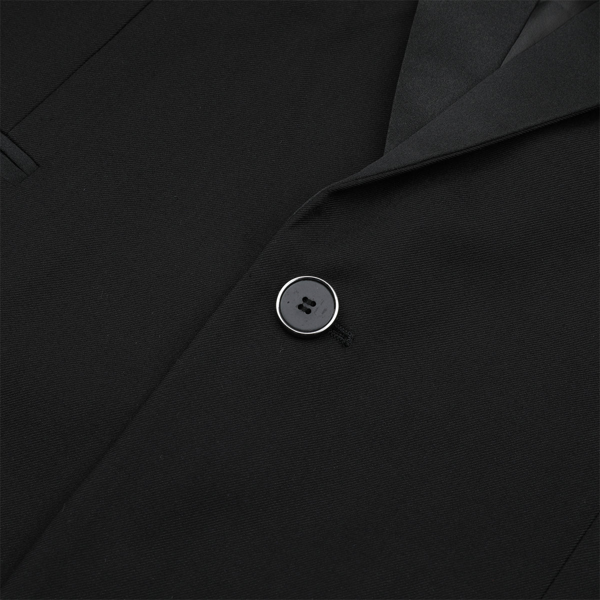 Black # Men's slim fit 2-piece casual suit with one-button shawl lapel and single-breasted closure, solid black blazer jacket with four-button cuffs and matching flat-front trousers, lightweight polyester formal wear for party, prom, wedding, dinner and daily occasions, isolated on white background.