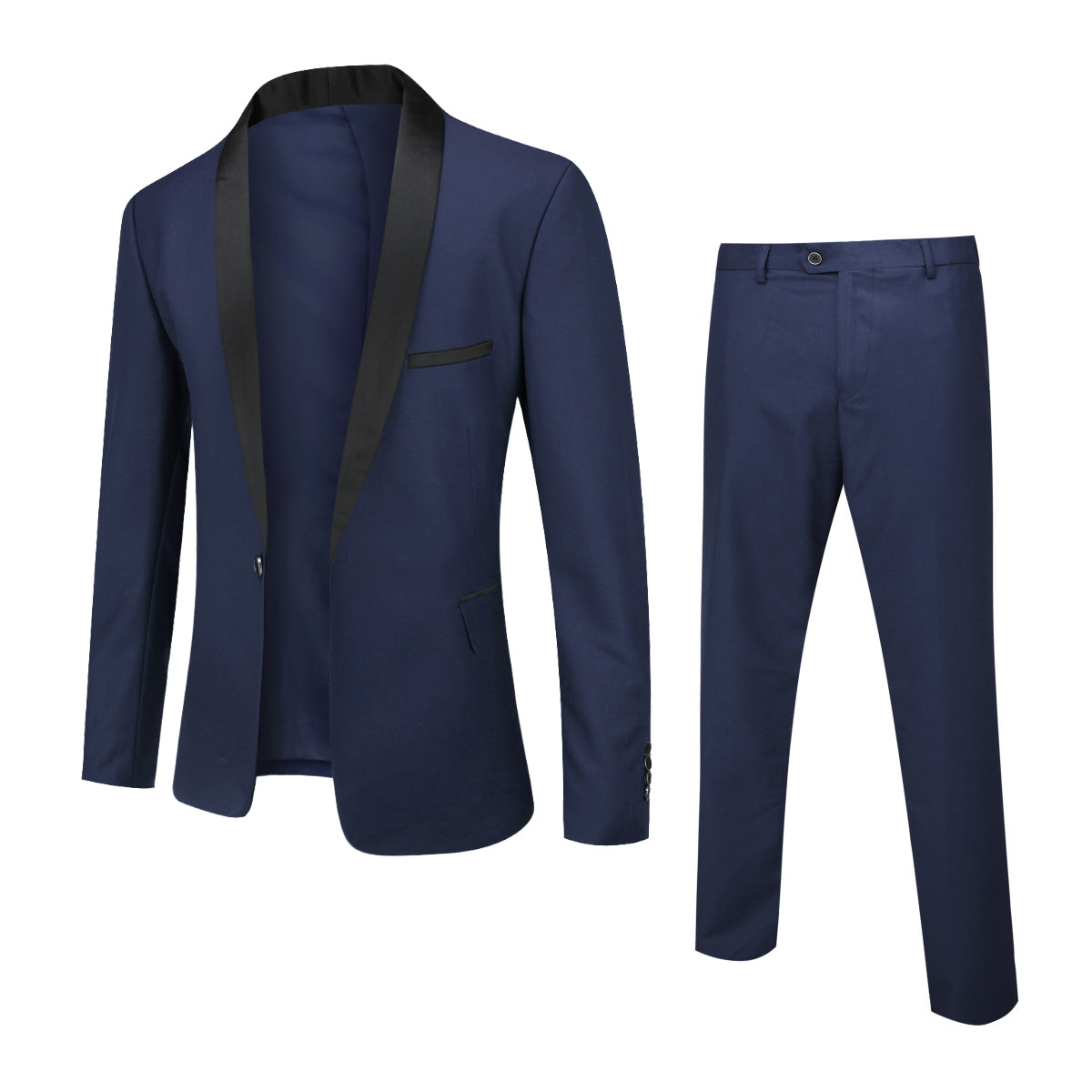 Blue # Men's slim fit 2-piece casual suit with one-button shawl lapel and single-breasted closure, solid blue blazer jacket with four-button cuffs and matching flat-front trousers, lightweight polyester formal wear for party, prom, wedding, dinner and daily occasions, isolated on white background.