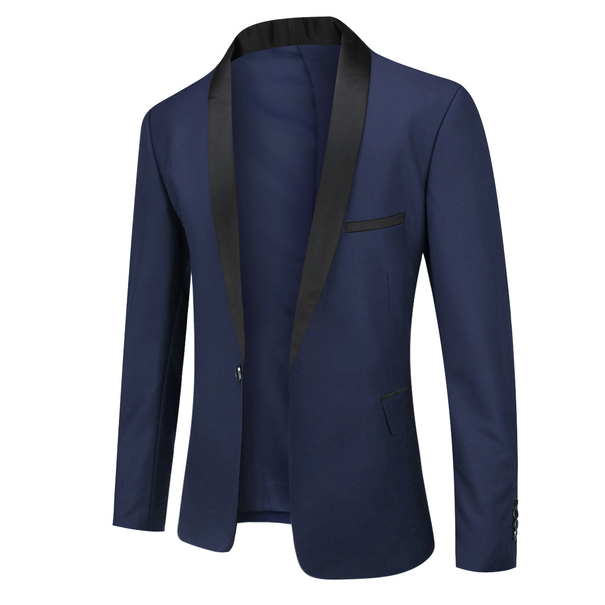 Blue # Men's slim fit 2-piece casual suit with one-button shawl lapel and single-breasted closure, solid blue blazer jacket with four-button cuffs and matching flat-front trousers, lightweight polyester formal wear for party, prom, wedding, dinner and daily occasions, isolated on white background.