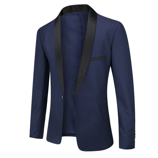 Blue # Men's slim fit 2-piece casual suit with one-button shawl lapel and single-breasted closure, solid blue blazer jacket with four-button cuffs and matching flat-front trousers, lightweight polyester formal wear for party, prom, wedding, dinner and daily occasions, isolated on white background.