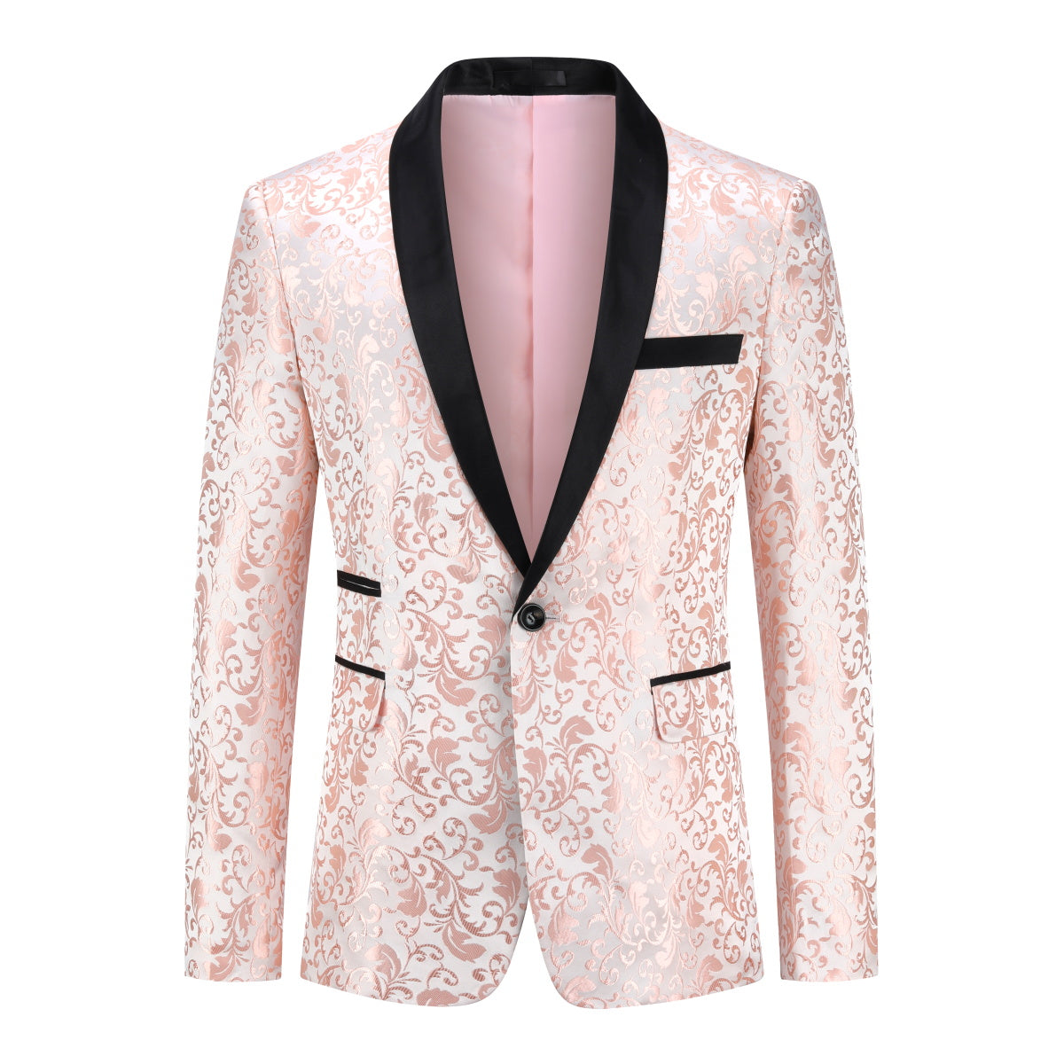 Pink # Men's floral jacquard dress suit jacket with black shawl collar and center vent, 3D tailored fit printed tux blazer with exquisite floral pattern, one chest pocket and two side flap pockets, soft polyester formal coat for party, prom, wedding, banquet and special occasions, isolated on white background.