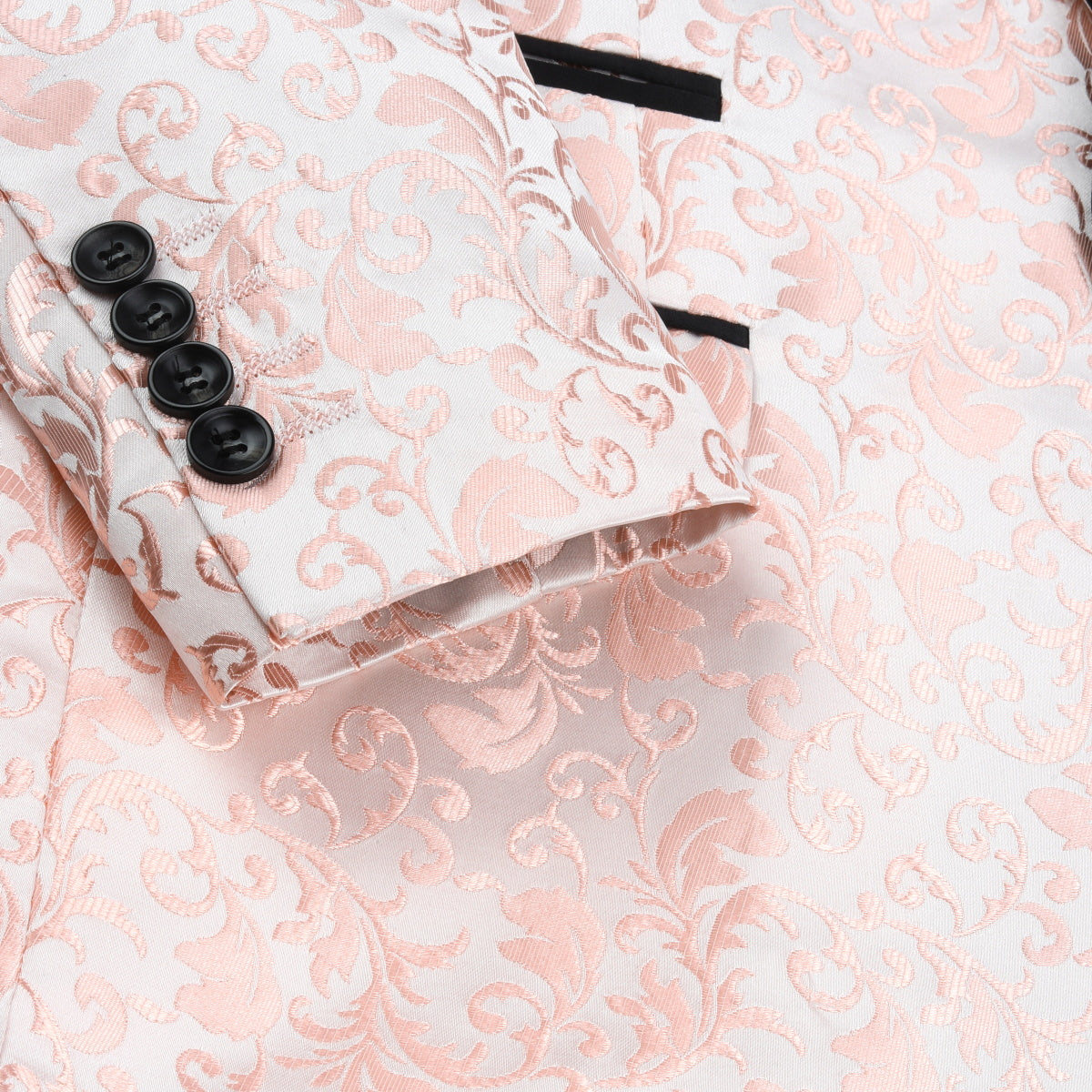 Pink # Men's floral jacquard dress suit jacket with black shawl collar and center vent, 3D tailored fit printed tux blazer with exquisite floral pattern, one chest pocket and two side flap pockets, soft polyester formal coat for party, prom, wedding, banquet and special occasions, isolated on white background.