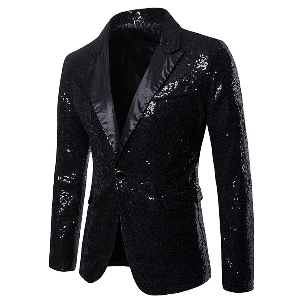 Black # Men's one-button shiny sequin jacket with peaked lapel and single-breasted closure, black party tuxedo blazer with 2 flap hand pockets and cotton blend fabric, sparkling sequin sport coat for prom, wedding, banquet, show and celebration, isolated on white background.