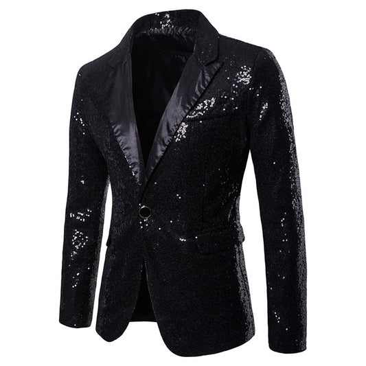 Black # Men's one-button shiny sequin jacket with peaked lapel and single-breasted closure, black party tuxedo blazer with 2 flap hand pockets and cotton blend fabric, sparkling sequin sport coat for prom, wedding, banquet, show and celebration, isolated on white background.
