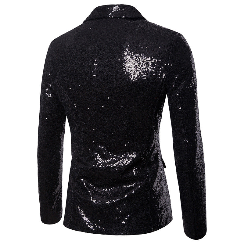Black # Men's one-button shiny sequin jacket with peaked lapel and single-breasted closure, black party tuxedo blazer with 2 flap hand pockets and cotton blend fabric, sparkling sequin sport coat for prom, wedding, banquet, show and celebration, isolated on white background.