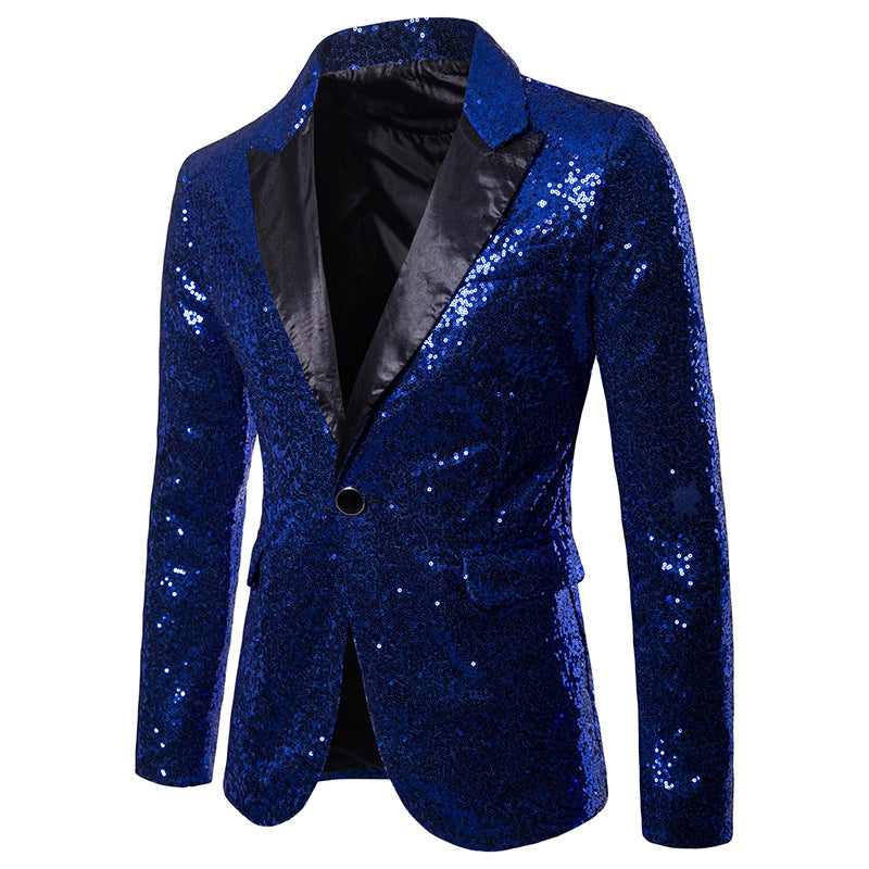 Blue # Men's shiny sequin party tuxedo blazer with one-button peaked lapel and single-breasted closure, blue sparkle jacket with 2 flap hand pockets and 1 chest pocket, cotton blend sequin coat for prom, wedding, banquet, show and celebration, isolated on white background.