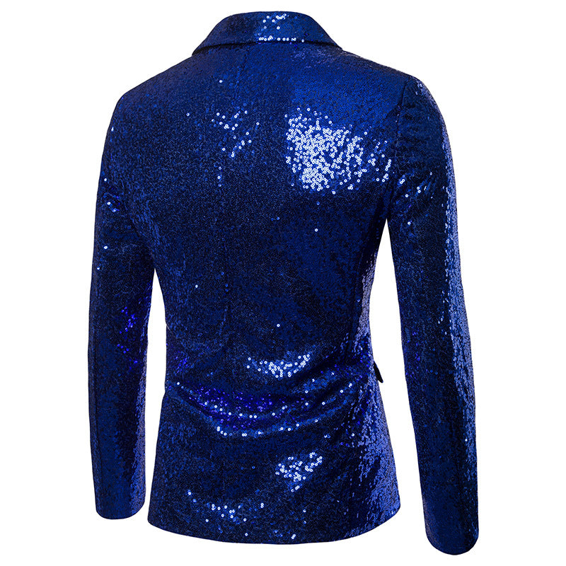 Blue # Men's shiny sequin party tuxedo blazer with one-button peaked lapel and single-breasted closure, blue sparkle jacket with 2 flap hand pockets and 1 chest pocket, cotton blend sequin coat for prom, wedding, banquet, show and celebration, isolated on white background.